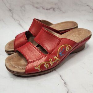 Dansko Red Leather Sandals Floral Embroidery Platform Heels Women's 39 (8)